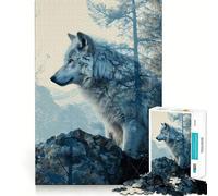 Puzzle White Wolf Double Exposure 1000 pièces pour Adolescents Jeu de mémoire Amusant Emboîtement précis sans espaces Activité familiale Amusante en soirée (38x52cm)