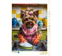 Puzzle · Yorkshire Terrier Faisant la Vaisselle - Mignon, drôle et | Petit chien avec tablier, gants en caoutchouc et mousse à… · 1000 pièces · Format assemblé 64 × 48 cm · CALVENDO Puzzle
