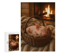 Puzzle300 PCS Sleeping Piglet in Basket by Fireplace Puzzle pour Adultes Jeux Relaxants Améliorent La Mémoire Cadeaux Uniques pour Un Anniversaire Et Noël 300 PCS