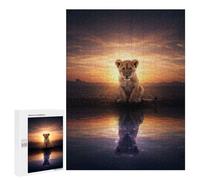 Puzzle500 PCS Lion Cub Reflection at Sunset Puzzle pour Adultes Jeux Relaxants Améliorent La Mémoire Cadeaux Uniques pour Un Anniversaire Et Noël 500 PCS