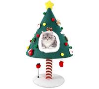 PuzzlePaw Arbre à chat de Noël de 93 cm avec griffoir en sisal pour chats d'intérieur. Décoration de Noël mignonne pour chat avec chaussettes suspendues et boîte cadeau à ressort.