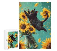 Puzzles 1000 PCS pour Adolescents Black Cat and Sunflowers Puzzles pour Adultes Jeu De Réflexion Cadeau d'anniversaire Difficile À Compléter 1000 PCS
