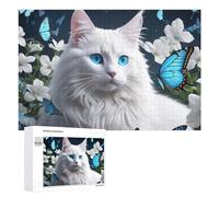 Puzzles 1000 PCS pour Adolescents Blue-Eyed White Cat with Butterflies Jeux De Puzzle Relaxants Améliorent La Mémoire Offrez-Les en Cadeau À Toute La Famille 1000 PCS