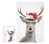 Puzzles 1000 PCS pour Adolescents Christmas Deer with Santa Hat Portrait Jeu De Puzzle Casse-tête Anti-Stress Stimulant À Compléter 1000 PCS
