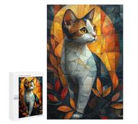 Puzzles 1000 PCS pour Adolescents Stained Glass Cat with Autumn Glow Puzzles pour Adultes Jeu De Réflexion Cadeau d'anniversaire Difficile À Compléter 1000 PCS