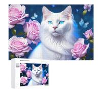 Puzzles 1000 PCS pour Adultes Magical White Cat with Pink Roses Puzzle, Jouet, Décoration Murale, mais Amusant Et Humoristique, Cadeau d'anniversaire Unique 1000 PCS