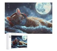 Puzzles 1000 PCS pour Adultes Sleepy Cat with Headphones Under Moonlight Puzzles pour Adultes, Jouet, Décoration Murale, Améliore La Mémoire, Cadeau d'anniversaire, Cadeaux, 1000 PCS