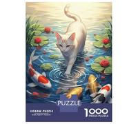 Puzzles 1000 Pièces Cat and Koi Pond Serenity Puzzles pour Adultes - Modèle À Assembler - Défi Éducatif - Cadeau d'anniversaire Unique 70x50cm/1000pcs
