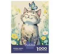 Puzzles 1000 Pièces Cat with Butterfly in Flower Field Puzzle Adulte, Jeu De Réflexion, Analyse Et Logique, Cadeaux De Noël Et d'anniversaire 70x50cm/1000pcs