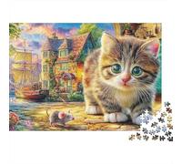 Puzzles 1000 pièces Chat à la fenêtre pour Adultes, Chaton, Souris, Bateau, Village, Fleurs, Premium épais Robuste Vibrant Stimulant Difficile Anti-Stress Cadeau Familial 38x26cm