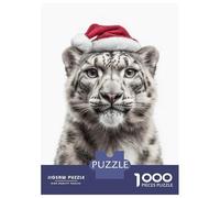 Puzzles 1000 Pièces Christmas Snow Leopard with Santa Hat Puzzles pour Adultes - Jeu Manuel - Idées De Détente À La Maison - Cadeaux De Noël Et d'anniversaire 52x38cm/1000pcs