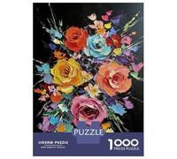 Puzzles 1000 Pièces Colorful Floral Bouquet Painting on Black Puzzles pour Adultes - Modèle À Assembler - Défi Éducatif - Cadeau d'anniversaire Unique 52x38cm/1000pcs