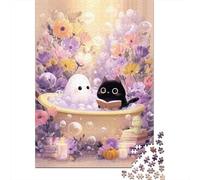 Puzzles 1000 Pièces Ghost Cat Bath Time Puzzles pour Adultes Jeux Relaxants Défi Difficile Activités Amusantes À La Maison, 38x26cm/1000pcs