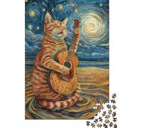 Puzzles 1000 Pièces Guitar Playing Cat Art Print-4 Puzzles pour Adultes - Modèle À Assembler - Défi Éducatif - Cadeau d'anniversaire Unique 38x26cm/1000pcs