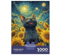 Puzzles 1000 Pièces Happy Black Cat in Sunflower Field Puzzles pour Adultes - Jeu Manuel - Idées De Détente À La Maison - Cadeaux De Noël Et d'anniversaire 52x38cm/1000pcs