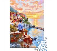 Puzzles 1000 Pièces Man in Blue Shirt Sitting on Cliff Near Water Puzzle pour Adolescents Améliore La Mémoire Difficile Et Stimulant Casse-tête Jeux De Réflexion en Famille 52x38cm/1000pcs
