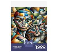 Puzzles 1000 Pièces pour Adolescents Abstract Artwork with Woman and Cat Puzzles pour Adolescents, Jouets, Décoration Murale, Cadeaux pour Femmes, Cadeau d'anniversaire, Cadeaux, 52x38cm/1000pcs