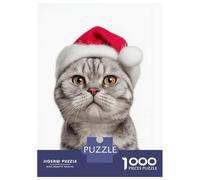 Puzzles 1000 Pièces pour Adolescents American Shorthair Cat with Santa Hat Portrait Puzzle Jouet Décoration Murale Vacances À La Maison Cadeaux pour Les Amis Et La Famille 70x50cm/1000pcs