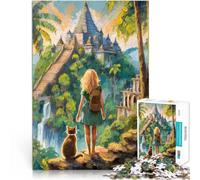 Puzzles 1000 pièces pour Adolescents Aventure au Temple avec Un Chat Jouets éducatifs Décoration d'intérieur et Cadeaux Uniques 38x26cm