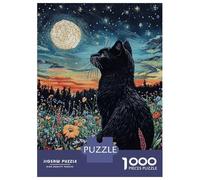 Puzzles 1000 Pièces pour Adolescents Black Cat Under Starry Night Puzzle Jouet Décoration Murale Vacances À La Maison Cadeaux pour Les Amis Et La Famille 38x26cm/1000pcs
