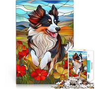 Puzzles 1000 pièces pour Adolescents Border Collie en vitrail Jouets de Jeu pour Cadeau Familial Œuvre d'art 38x26cm