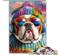 Puzzles 1000 pièces pour Adolescents Bulldog écoutant de la Musique Jeu éducatif Familial Décoration Murale Cadeaux d'anniversaire et de Noël Uniques (Taille 50x75cm)
