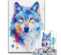 Puzzles 1000 pièces pour Adolescents, Cadeaux, Puzzles Aquarelle Loup pour Adolescents, Jouets de Divertissement Familial avec Affiche et fiche de Questions-réponses Assorties (Taille 75x50cm)