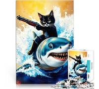 Puzzles 1000 pièces pour Adolescents Chat chevauchant Un Requin Réduction du Stress intéressante Super Cadeau 38x26cm