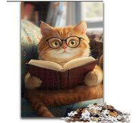Puzzles 1000 pièces pour Adolescents Chat lisant Un Livre, Jouets éducatifs, Anti-Stress, décoration d'intérieur Unique et Cadeaux (Taille 50x75cm)