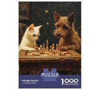 Puzzles 1000 Pièces pour Adolescents Chess Playing Cat and Dog Puzzle Jouet Décoration Murale Vacances À La Maison Cadeaux pour Les Amis Et La Famille 52x38cm/1000pcs