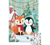 Puzzles 1000 Pièces pour Adolescents Christmas Fox and Penguin Puzzles pour Adolescents, Jouets, Décoration Murale, Cadeaux pour Femmes, Cadeau d'anniversaire, Cadeaux, 38x26cm/1000pcs