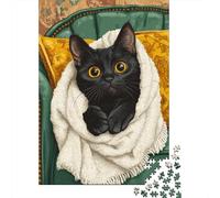 Puzzles 1000 Pièces pour Adolescents Cozy Black Cat Blanket Puzzle Jeux Relaxants, Amusants Et Humoristiques Cadeau d'anniversaire, Cadeaux, 52x38cm/1000pcs