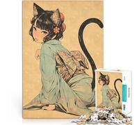 Puzzles 1000 pièces pour Adolescents Gravure sur Bois Vintage Cat Girl Casse-tête Chaque pièce est Unique - Jeu Familial Stimulant et Amusant 38x26cm