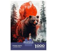 Puzzles 1000 Pièces pour Adolescents Grizzly Bear in Forest with Red Sun Puzzle Jouet Décoration Murale Vacances À La Maison Cadeaux pour Les Amis Et La Famille 52x38cm/1000pcs