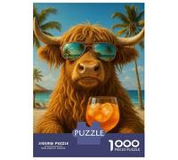 Puzzles 1000 Pièces pour Adolescents Highland Cow with Cocktail on Beach Puzzles pour Adolescents - Jeux Relaxants Et Anti-Stress - Idéal comme Cadeau pour Toute La Famille 70x50cm/1000pcs