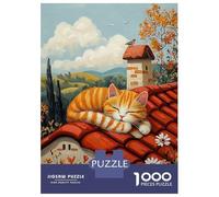 Puzzles 1000 Pièces pour Adolescents Lazy Rooftop Cat - Naïf Cozy Countryside Art Puzzles pour Adolescents, Jouets Anti-Stress, Difficile, Excellent Cadeau pour Les Jeux 38x26cm/1000pcs