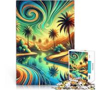 Puzzles 1000 pièces pour Adolescents Oasis du désert Palm Lake Sky Analyse et logique avec Affiche et Feuille de Questions correspondantes 75x50cm
