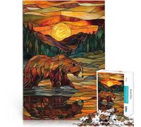 Puzzles 1000 pièces pour Adolescents Ours en vitrail au Coucher du Soleil Jeu intellectuel Améliorer la mémoire 50x70cm
