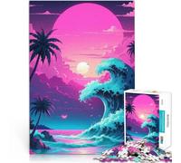 Puzzles 1000 pièces pour Adolescents Vague Japon Coucher de Soleil Rétro Jeux Amusants avec Affiche et Feuille de Questions correspondantes 50x70cm