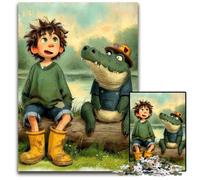 Puzzles 1000 pièces pour Adultes, Alligator et garçon, en Carton, pour la décoration de la Maison, Cadeaux, Jouet Familial Stimulant, Parfait pour Les soirées Jeux 26x38cm