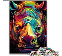 Puzzles 1000 pièces pour Adultes, Animaux rhinocéros colorés en Bois, idée Cadeau Unique de décoration d'intérieur, 50x75cm, Jeu de réflexion pour Adolescents, Cadeau de Vacances