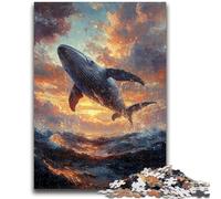Puzzles 1000 pièces pour Adultes Baleines sautant au Coucher du Soleil Jeu de réflexion Jeu éducatif pour Anniversaire, Noël pour Les 14 Ans 50x75cm
