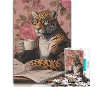 Puzzles 1000 pièces pour Adultes, Cadeaux, léopard Buvant du café, Anti-Stress, Vacances à la Maison, tuez Le Temps avec Affiche et fiche de Questions Assorties (75x50cm)