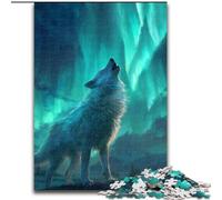 Puzzles 1000 pièces pour Adultes, Cadeaux Loup sous l'aurore boréale, défi Difficile avec des pièces entièrement emboîtables de Formes aléatoires 38x26cm