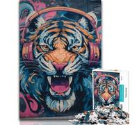 Puzzles 1000 pièces pour adultes, cadeaux pour adolescents, tigre portant un casque, puzzle pour tuer le temps à la maison avec des pièces de formes aléatoires entièrement emboîtables (taille 38x26cm)