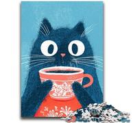 Puzzles 1000 pièces pour Adultes Chat Buvant du café Difficile et défi avec Affiche et fiche de Questions correspondantes pour Les 14 Ans 50x75cm
