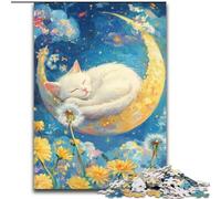Puzzles 1000 pièces pour Adultes Chat Dormant sur la Lune Puzzles en Bois 50x75cm pour Les Amoureux du Voyage et Les Couples, Jouet Stimulant
