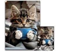 Puzzles 1000 pièces pour Adultes Chat Mignon Buvant du café Puzzles pour Adultes Bricolage Décoration d'intérieur Cadeau Jeu de réflexion 1000 pièces (38 x 26 cm)