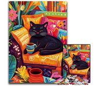 Puzzles 1000 pièces pour Adultes Chat Noir Buvant du café Puzzles en Carton au Design Complexe pour Adolescents, décoration DIY et Divertissement Stimulant pour Le Cerveau 26x38cm