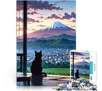 Puzzles 1000 pièces pour Adultes Chat Observant Le Mont Fuji Jeux éducatifs Décoration d'intérieur Idées Cadeaux 38x26cm